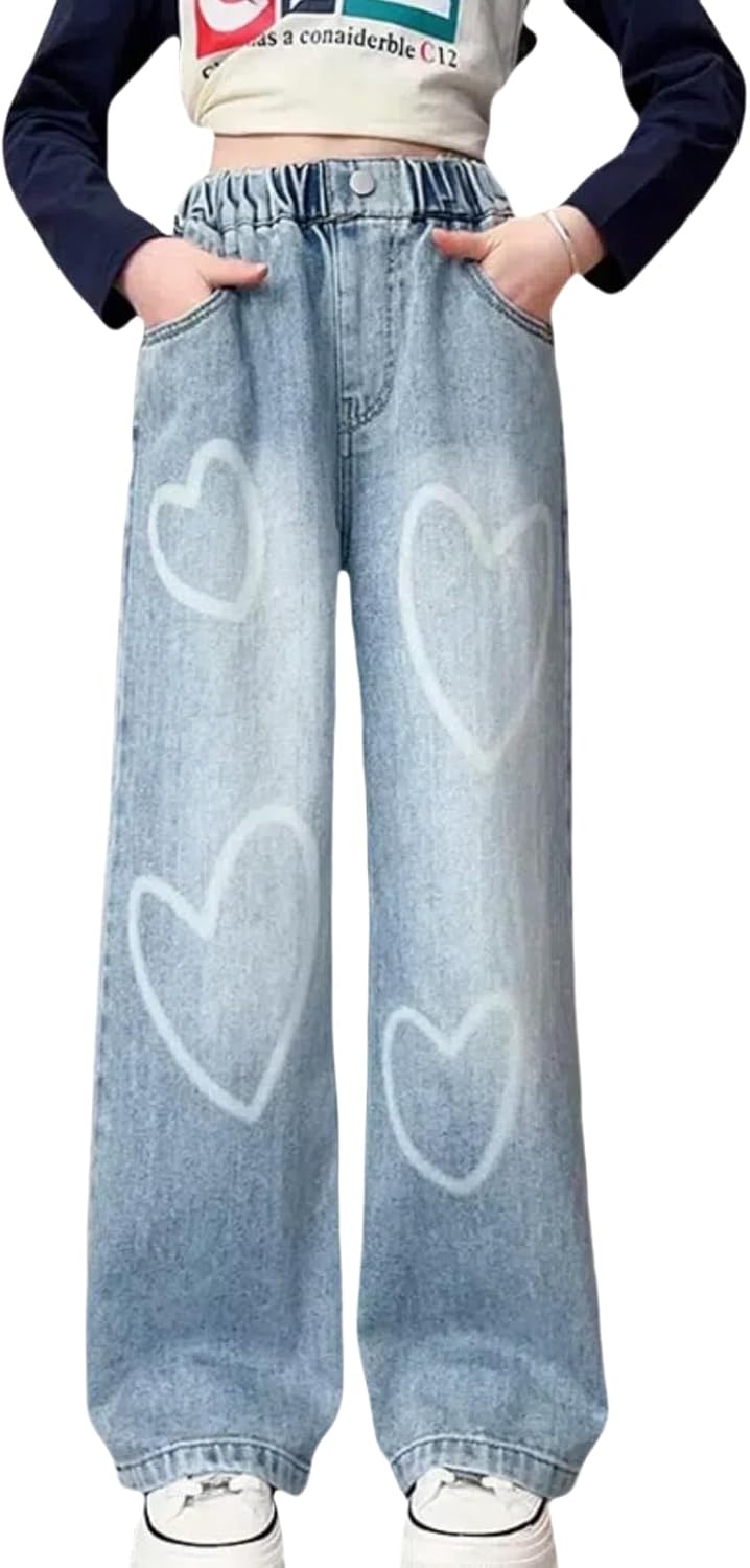 NABER Kids Girls Casual Baggy Wide Leg Denim Pants for Ages 5-14