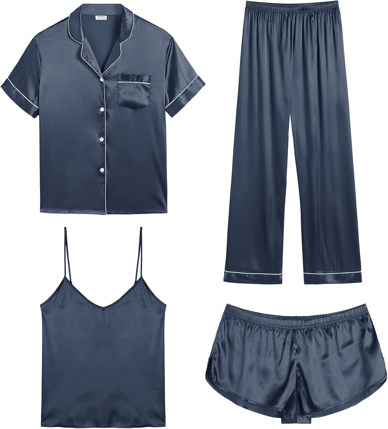 Luxurious SWOMOG Womens Silk Satin Pajamas 4pcs Sleepwear Set