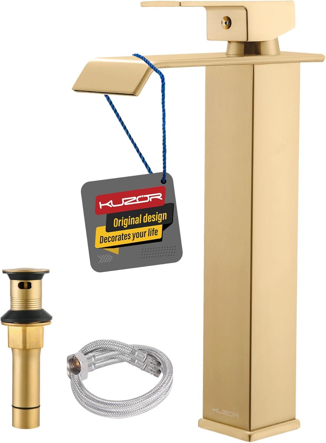 Brushed Gold Tall Waterfall Vessel Sink Faucet for Modern Vanities