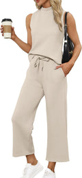Two Piece Sets for Women Mock Neck Top with Wide Leg Crop Pants