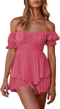 Fixmatti Women Boho Romper Off Shoulder Ruffle Chiffon