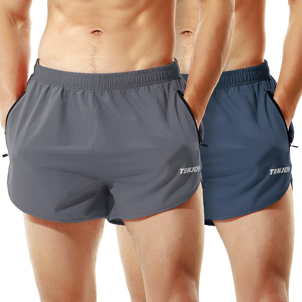 TENJOY Men's Running Shorts with Zipper Pocket for Athletes