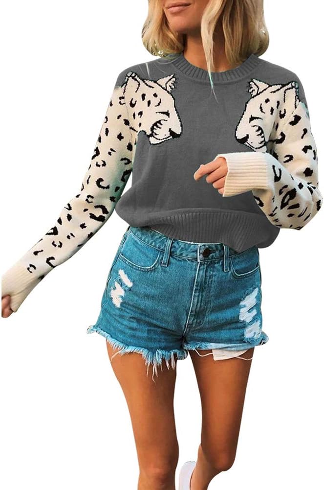 Stylish Womens Casual Leopard Print Knitted Pullover Sweater