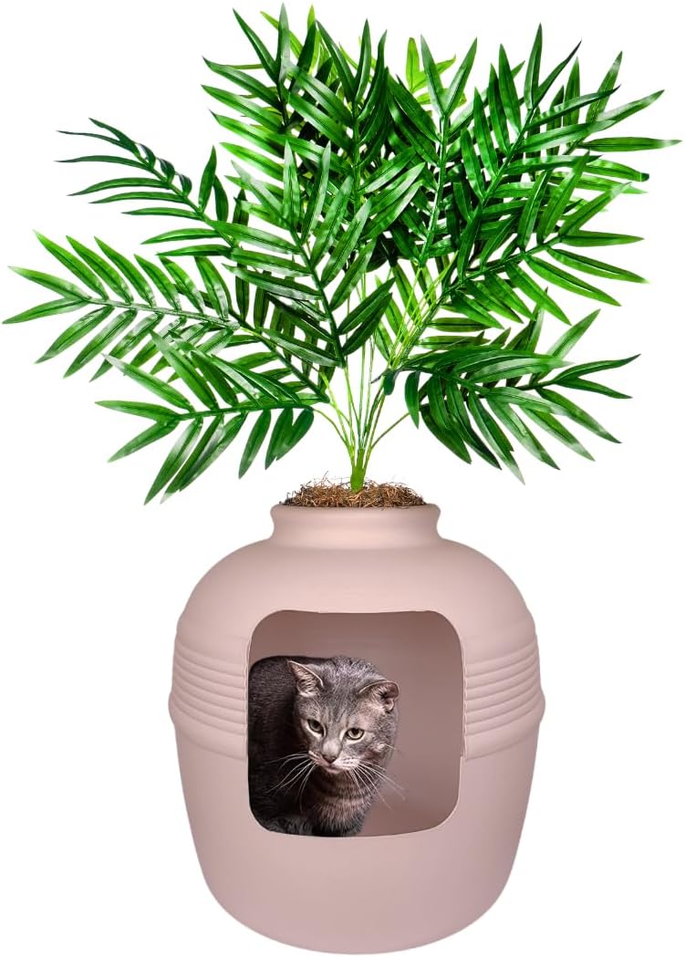 Hidden Cat Litter Box Enclosure with Faux Plant for Stylish Homes