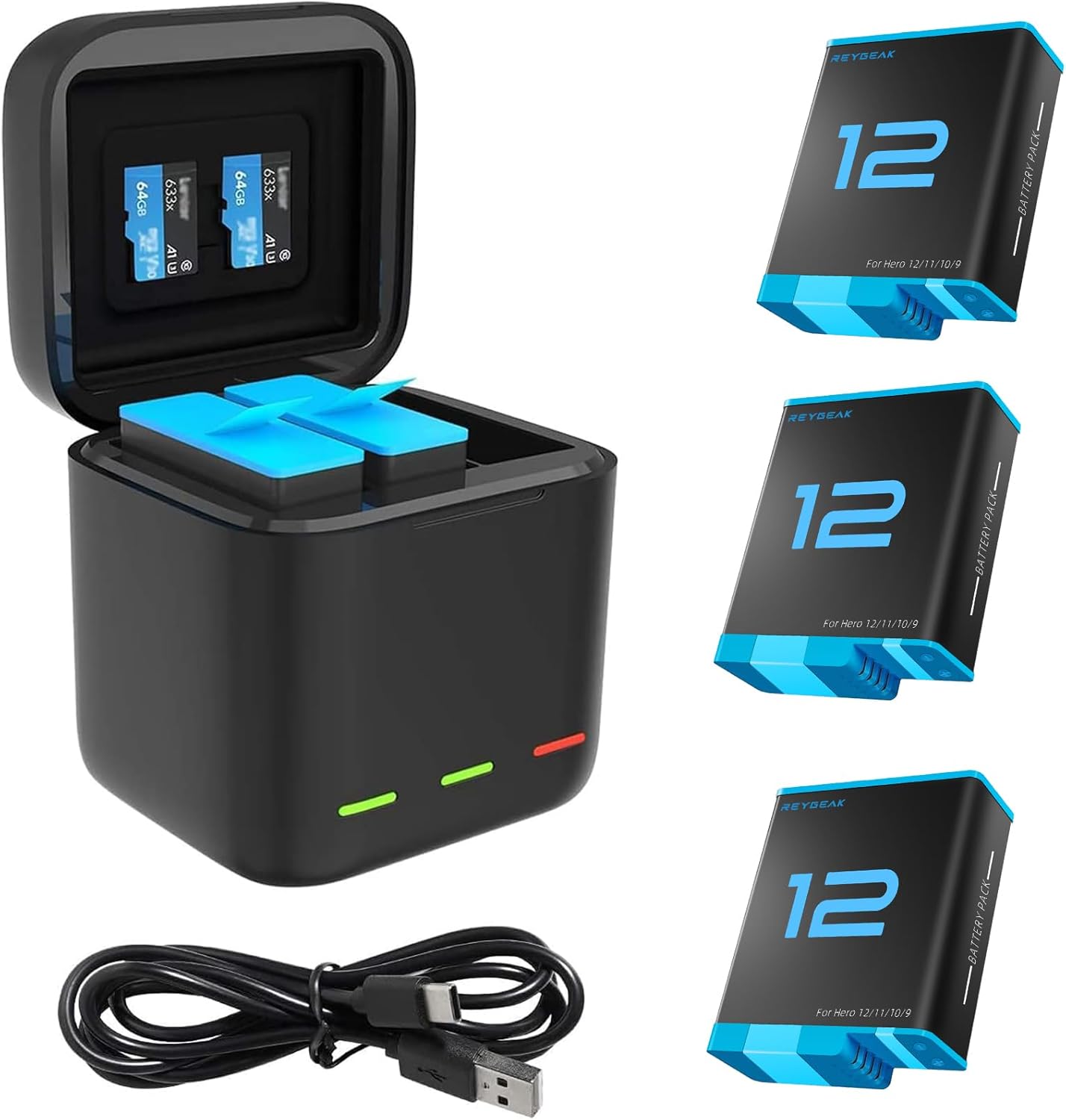 REYGEAK Battery Charger for GoPro Hero 12/11/10/9 Black