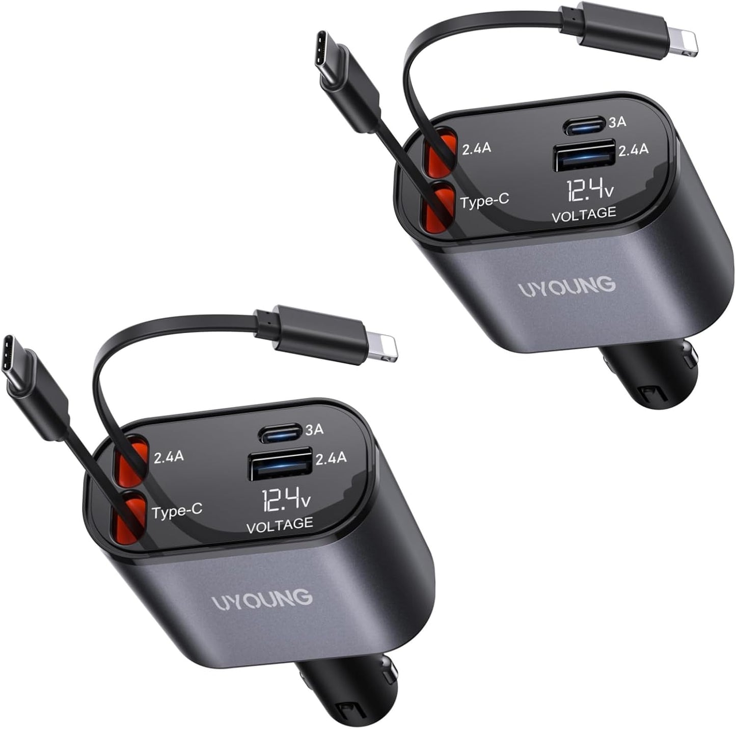 Fast Charging Car Phone Charger Adapter 2Pack with Dual Cables 31.5in