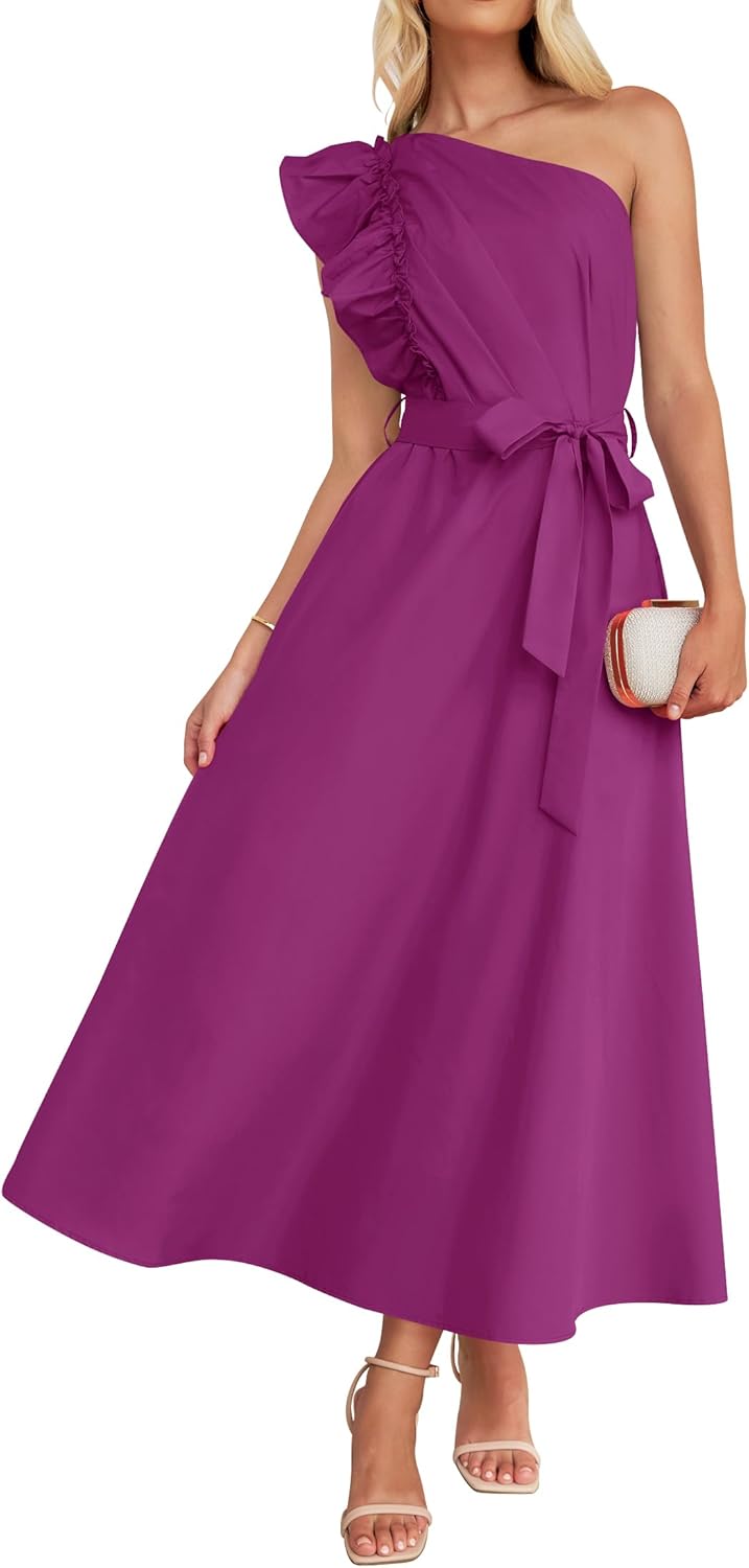 ZESICA Women's One Shoulder Ruffle Maxi Dress for Summer Fun