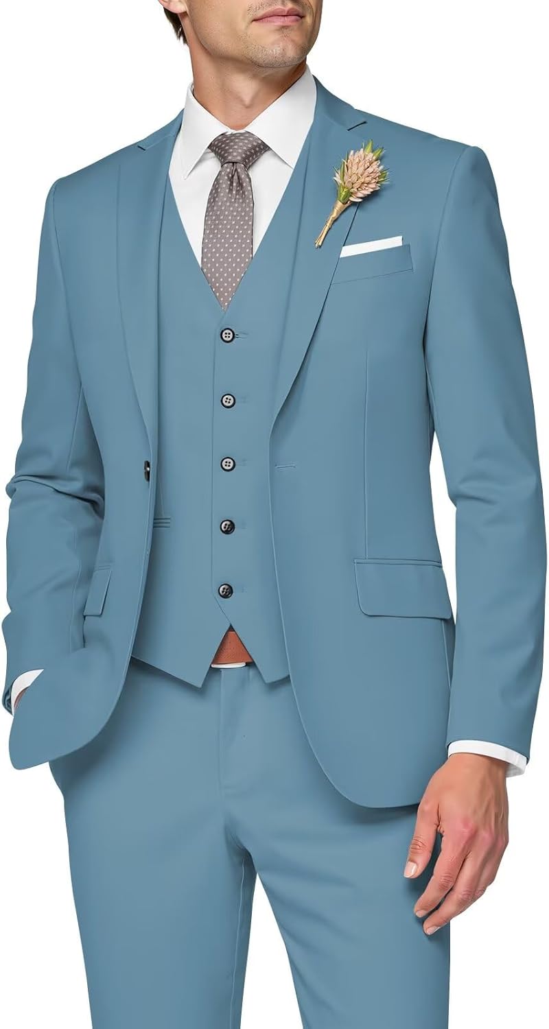 Elegant 3 Piece Slim Fit Wedding Suit for Men in Dusty Blue