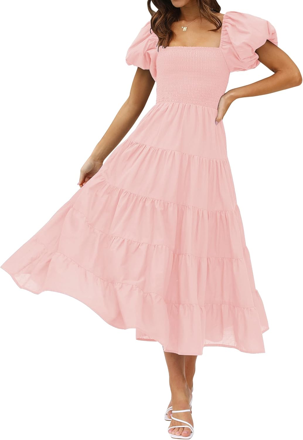ZESICA Women's Summer Square Neck Puff Sleeve Midi Dress