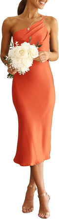 PRETTYGARDEN One Shoulder Satin Midi Dress - Flattering Summer