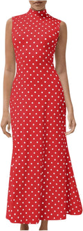 Polka Dots Maxi Tank Dress Vintage Mock Neck Sleeveless - Flattering