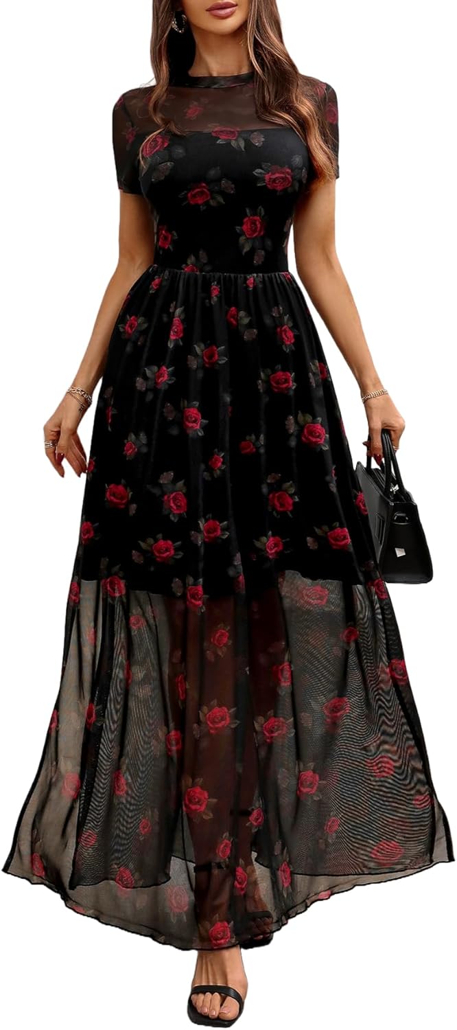 GothDark Women's Floral Print Maxi Dress for Summer Events