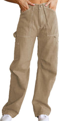 Cargo Long Pants Women Wide Leg High Waisted with Pockets - Casual Fit