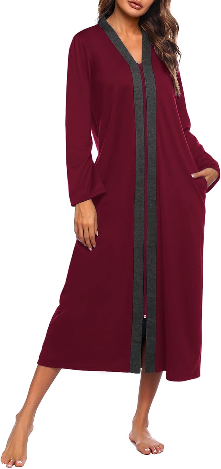 Ekouaer Women Zipper Robe Long Sleeve Loungewear with Pockets