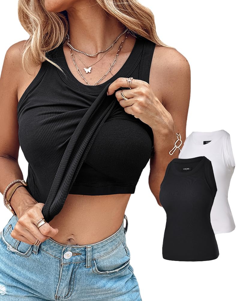 CHICME 2 Piece Tank Tops with Built-in Bras for Women Fitness