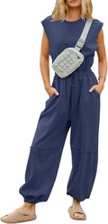 Flygo Womens Casual Jumpsuit Crewneck Cap Sleeve One Piece Romper