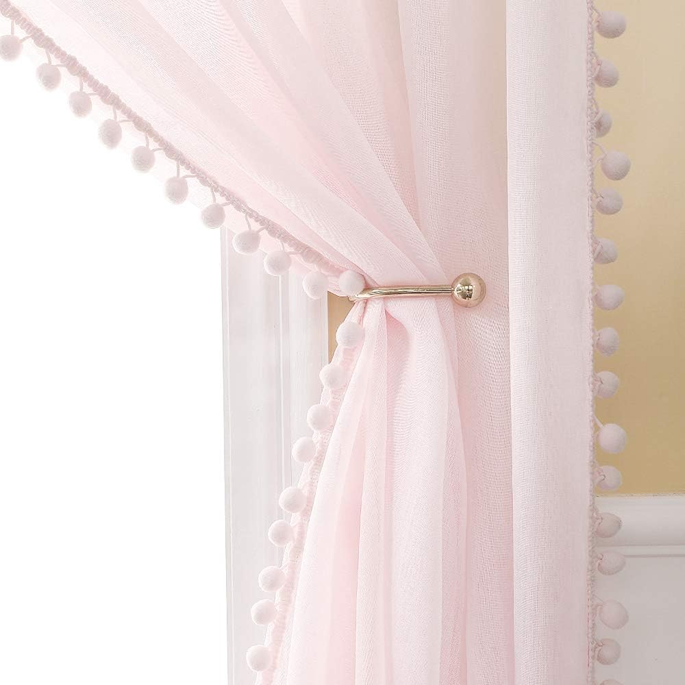 Pink Pom Pom Sheer Curtains Set - Semi-Transparent 84 Inches