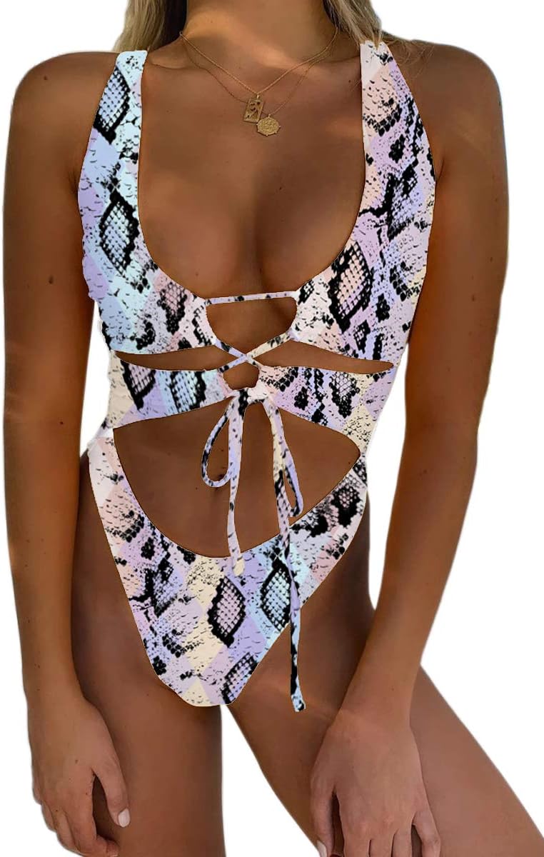 CHYRII Women's Sexy Cutout Lace Up Backless Monokini Swimsuit