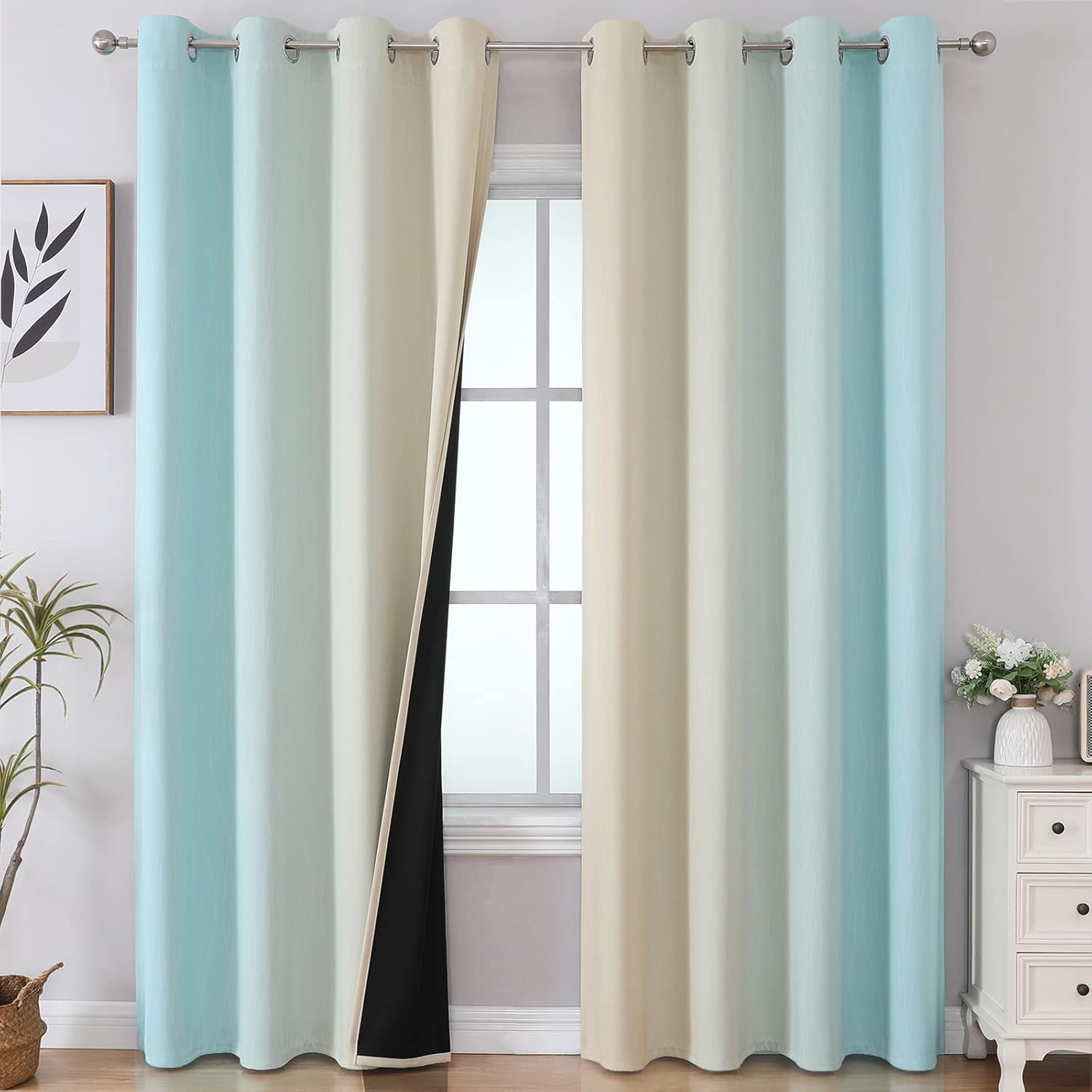 Ombre Aqua and Beige Blackout Curtains for Sliding Doors