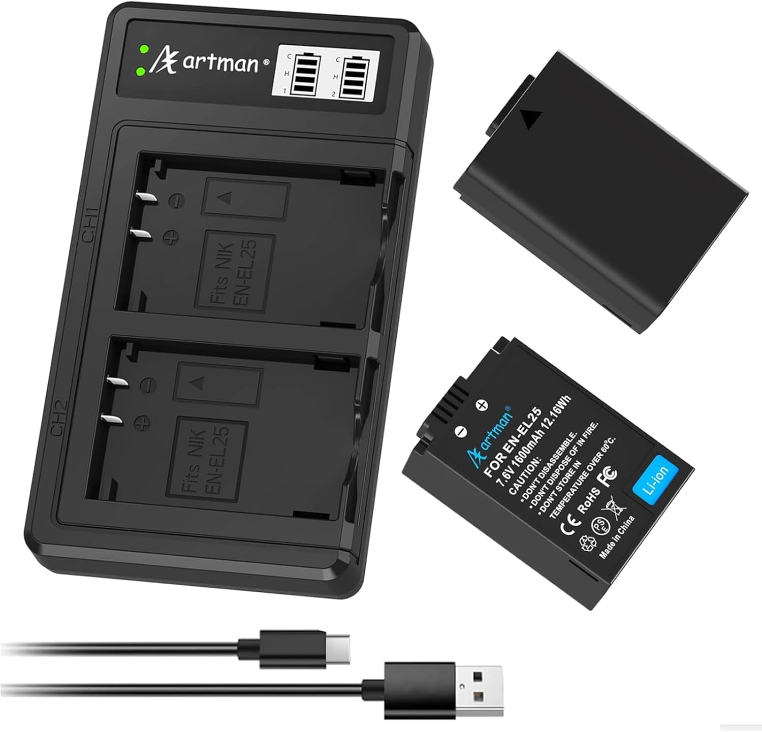 Artman EN-EL25 Battery 2-Pack with USB-C Charger for Nikon
