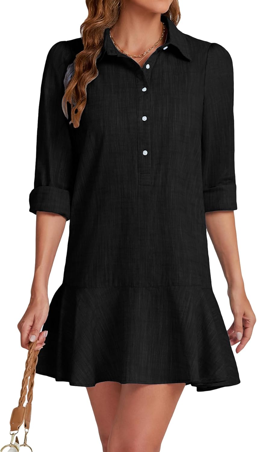 Womens Tunic Shirt Mini Dress Long Sleeve Cotton Shift Style