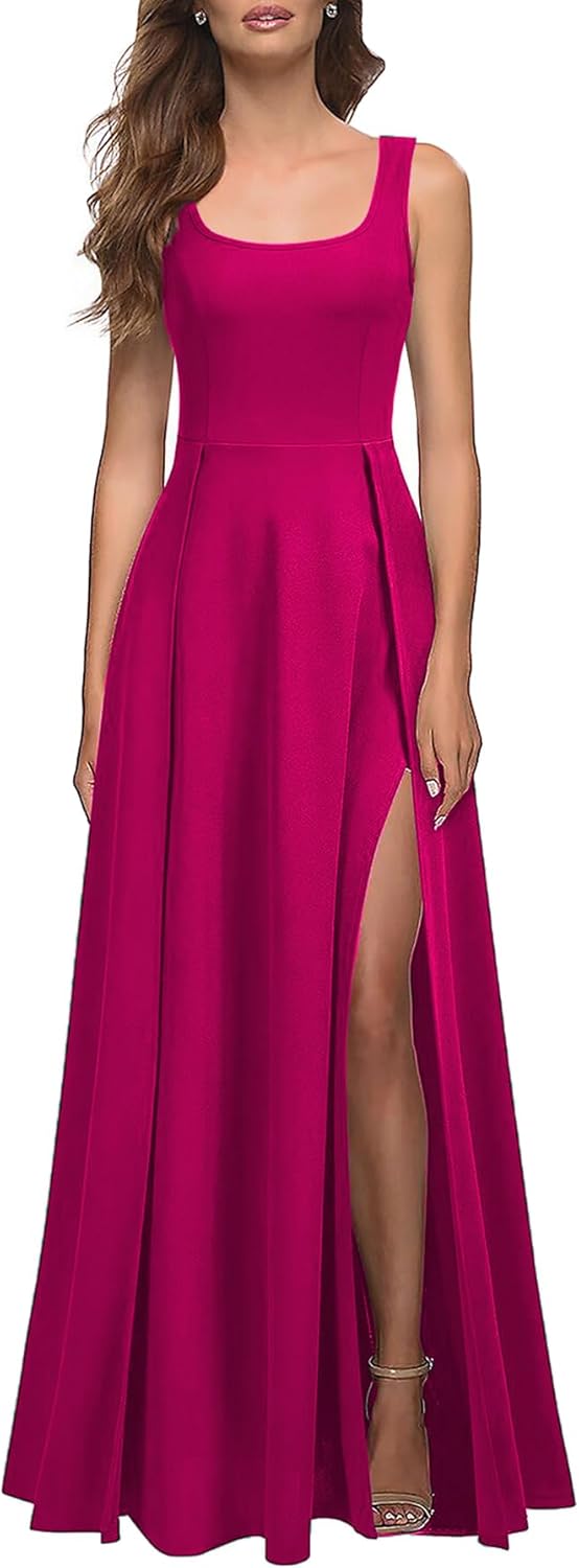 MUSHARE Women's Square Neck Sexy Split Cocktail Maxi Dress