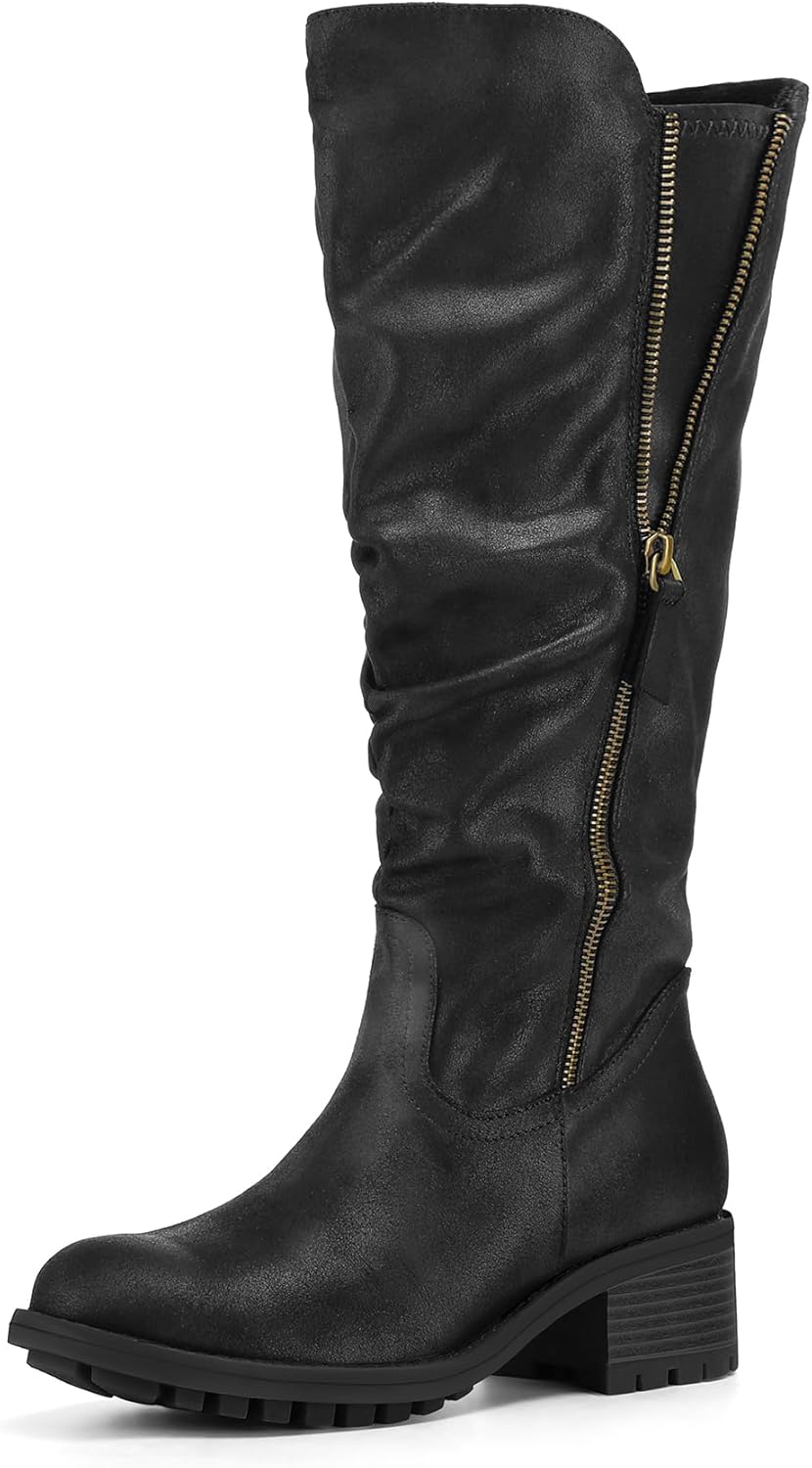 Stylish Women's Knee High Boots with Chunky Heel and Zipper