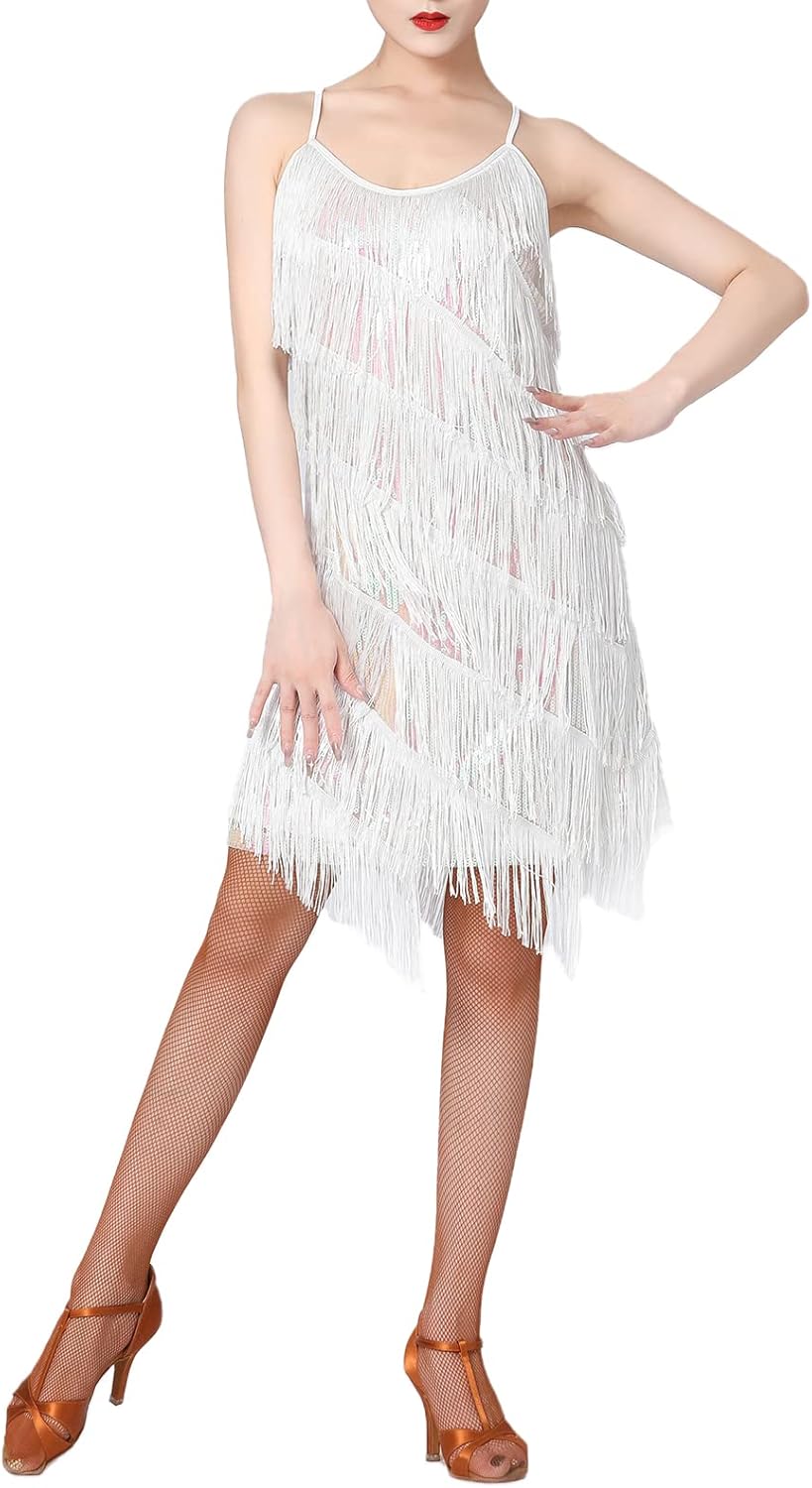 Women Salsa Latin Dance Dress with Sequin Tassel Fringe Style