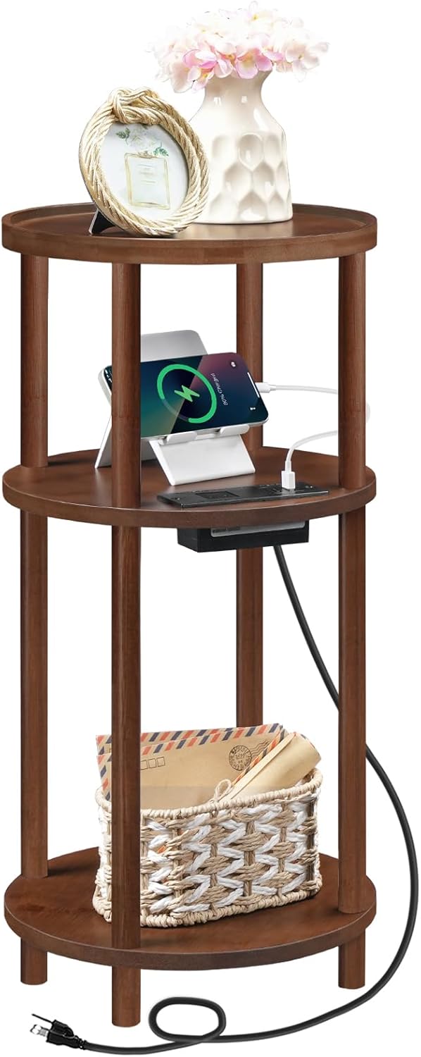 HOOBRO Small Round Side Table with Charging Station for Living Room