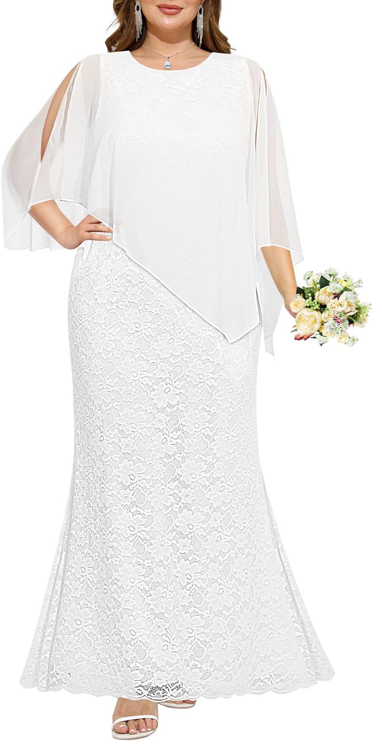 Women's Plus Size Cape Dress with Chiffon Overlay for Glam Events