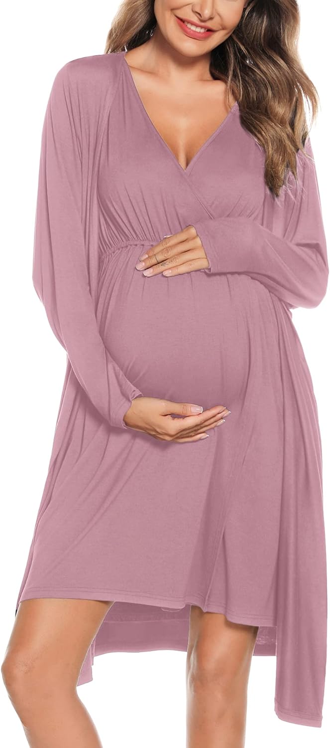 SWOMOG Women Maternity Nursing Gown and Robe Set for Comfort