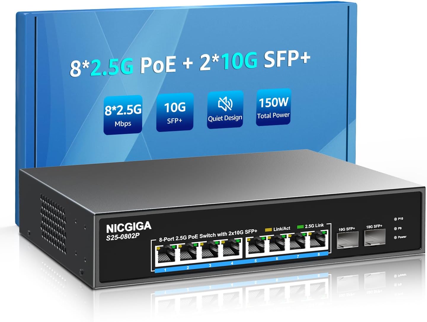 10 Port 2.5Gb PoE Switch with 8 PoE Ports and 10G Uplink