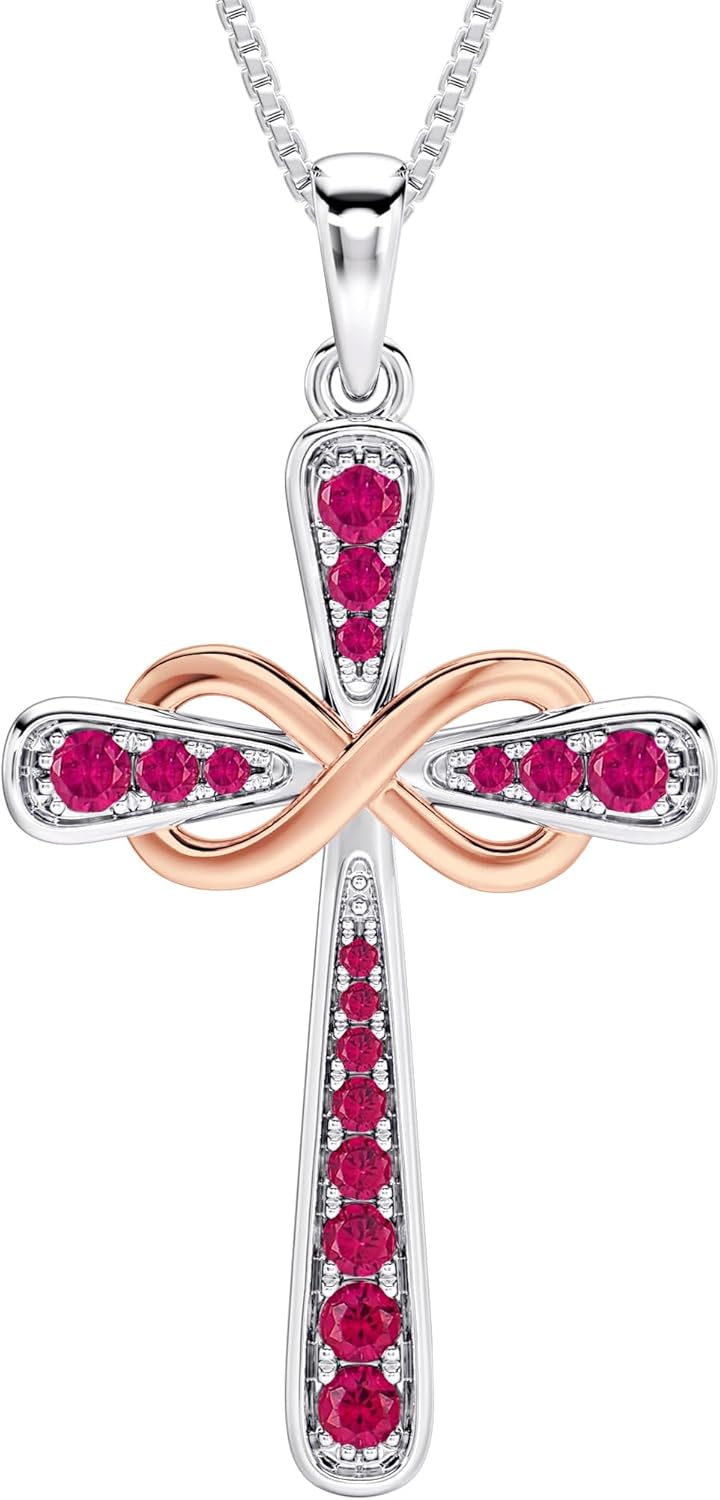 YL 925 Sterling Silver Cross Necklace with Birthstone Pendant