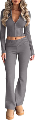 LILLUSORY Women's 2 Piece Knit Sets Slim Fit Zip Up Hooded Flare Leg