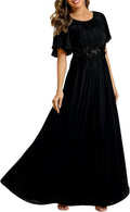 Women's Classic Round Neck Chiffon Evening Dress - Pleated Waist