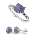 Raw Tanzanite Stone Stud Earrings and Dainty Ring Set - Birthstone