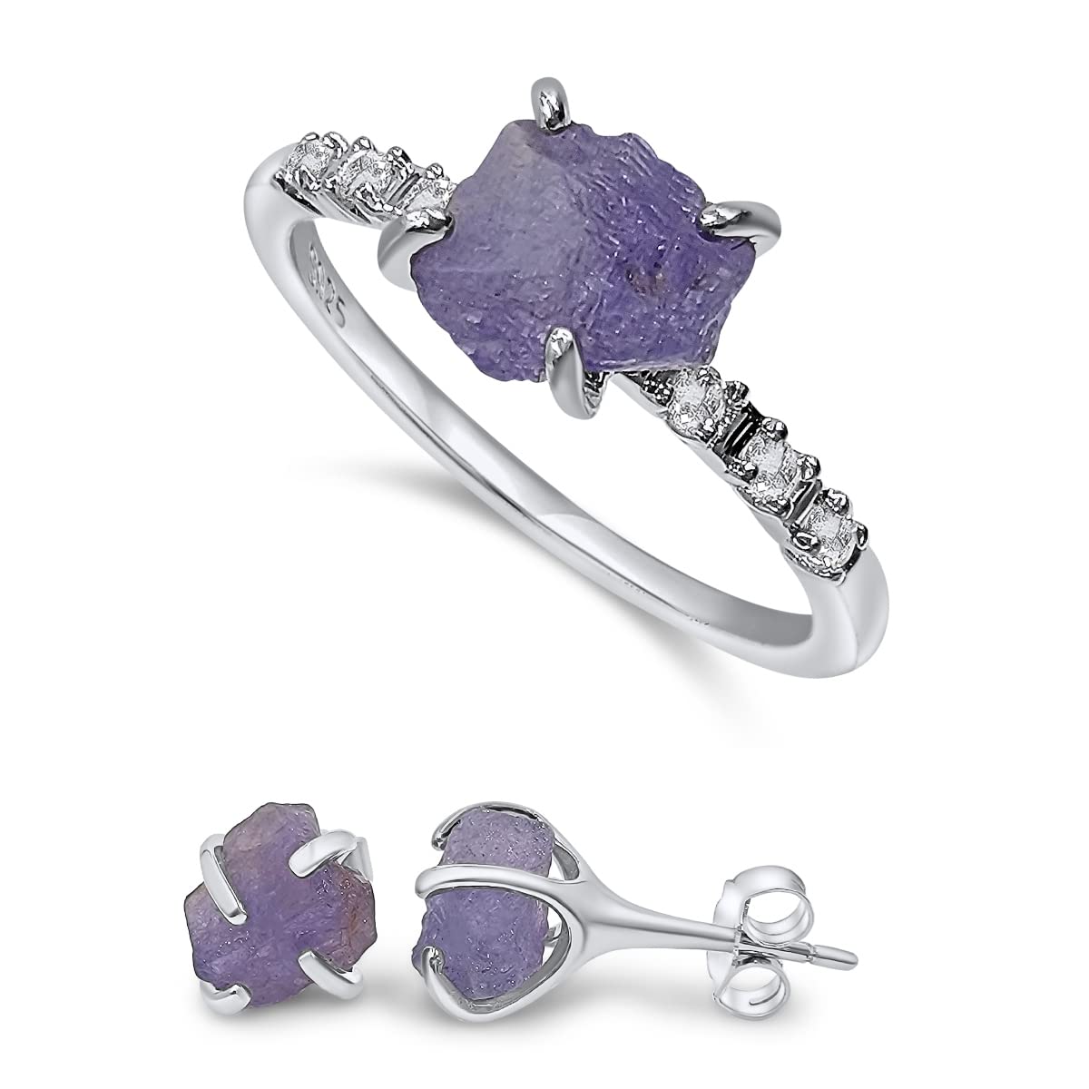 Raw Tanzanite Stone Jewelry Set with White Gold and Silver