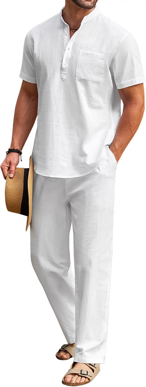 Men's 2 Piece Cotton Linen Set for Casual Summer Outfits