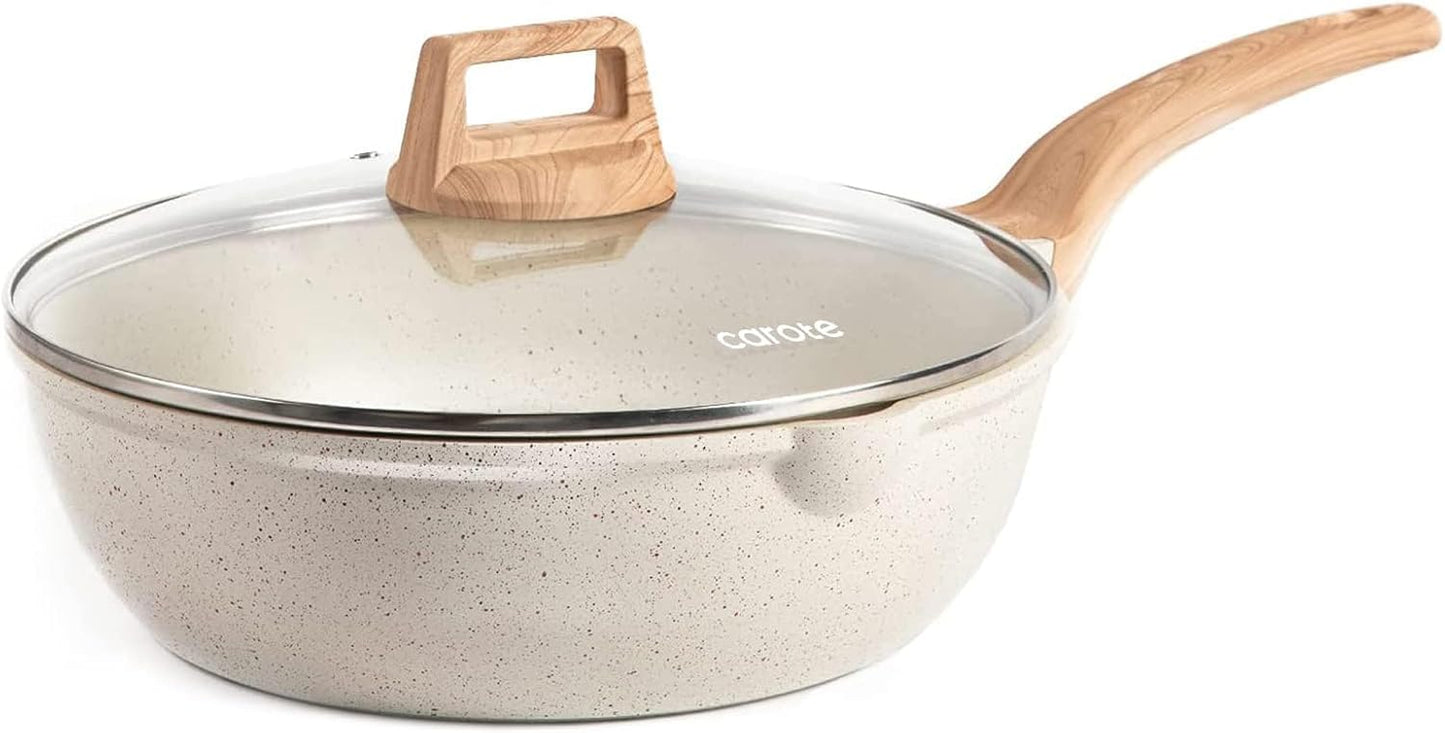 CAROTE 12Inch Nonstick Deep Frying Pan with Lid for Healthy Cooking