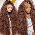 250% Density Curly Human Hair Wig 13x6 Auburn Brown - 24in Deep Part