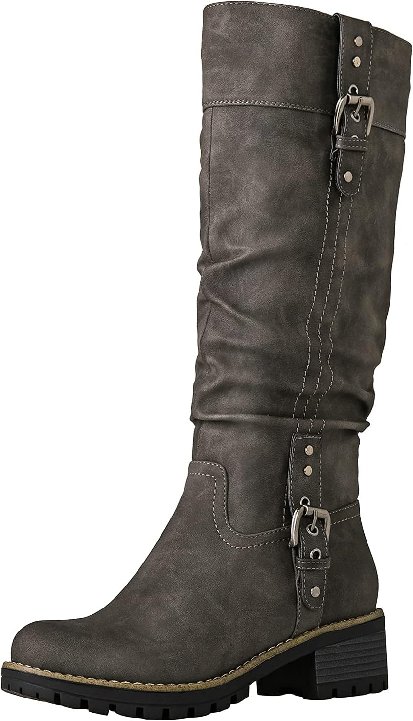 GLOBALWIN Women's Chunky Low Heels Knee High Boots for Comfort