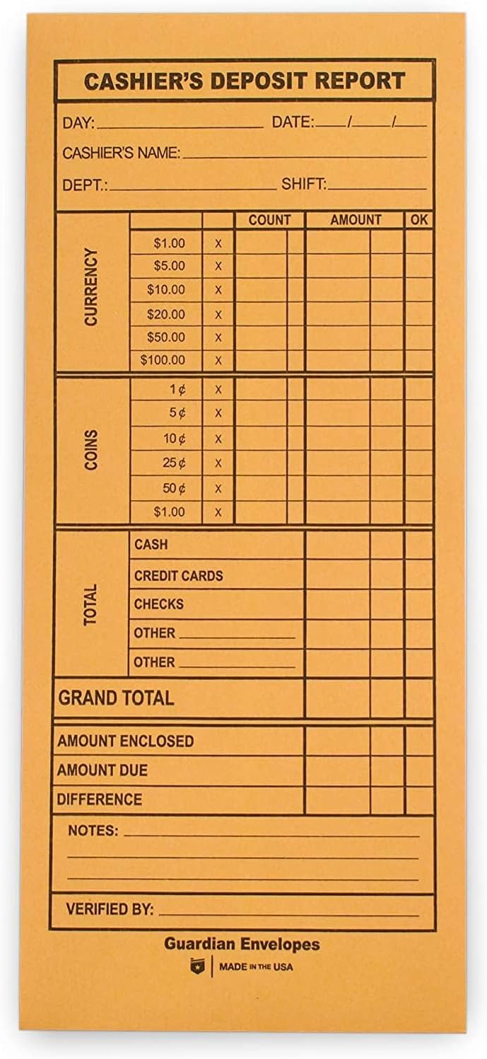 Guardian Cashier Deposit Report Envelopes for Small Businesses