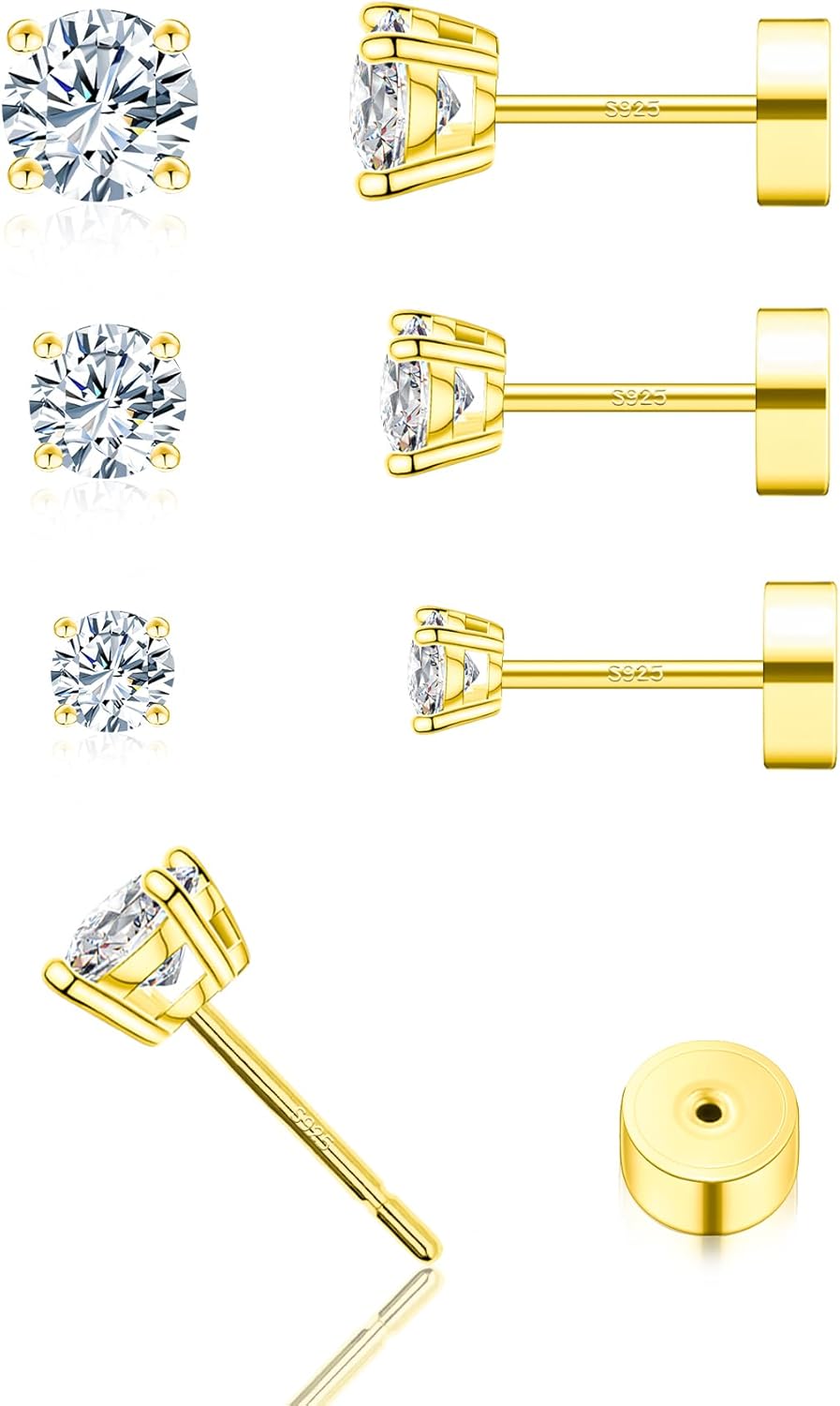 3 Pairs Moissanite Flatback Stud Earrings for Women - Elegant Set