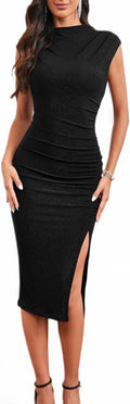 IHOT 2025 Women's Mock Neck Side Slit Ruched Bodycon Midi Dress made