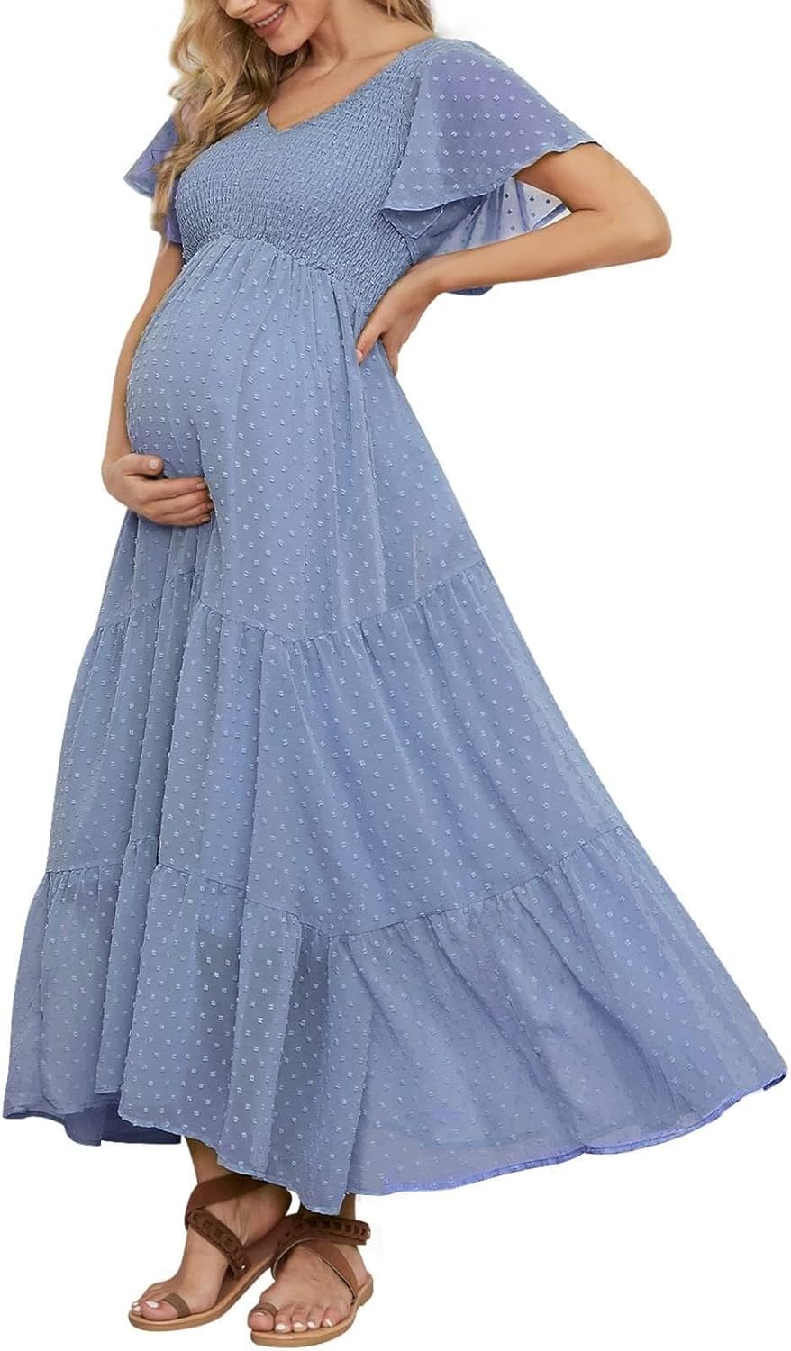 Elegant Swiss Dot Smocked Maternity Dress for Baby Showers