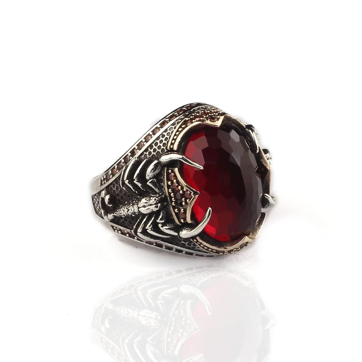 925 Sterling Silver Mens Ring with Garnet Scorpion Design