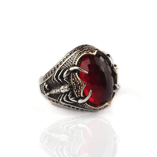 925 Sterling Silver Mens Ring with Garnet Scorpion Design