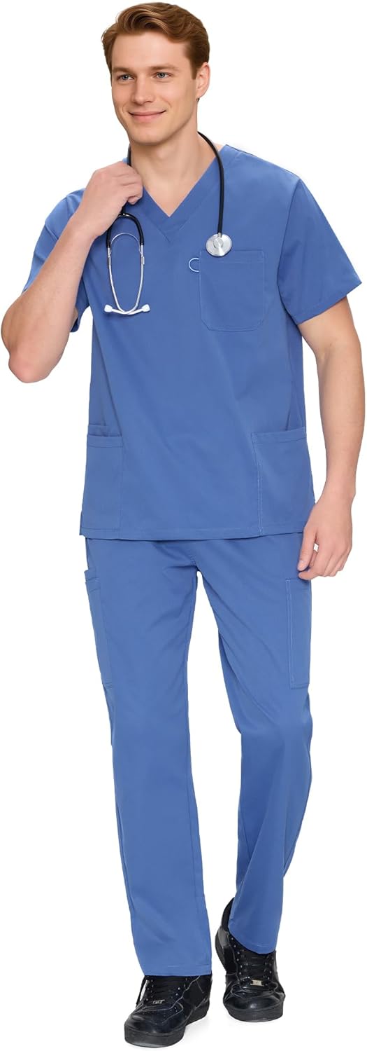 COZYFIT Men's Scrubs Set with V-Neck Top and 11 Pockets
