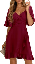 Wrap V Neck Short Flared Sleeve Mini Dress - Flattering Smocked Waist