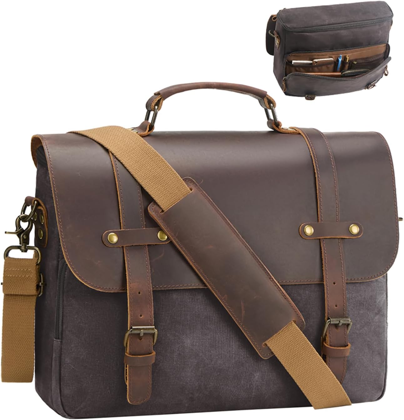 Mens Messenger Bag Waxed Canvas Laptop Briefcase for Work
